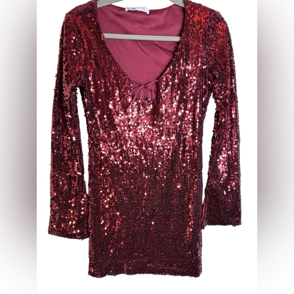 Elodie long split sleeve sequin minidress burgundy- lined pre-loved size small